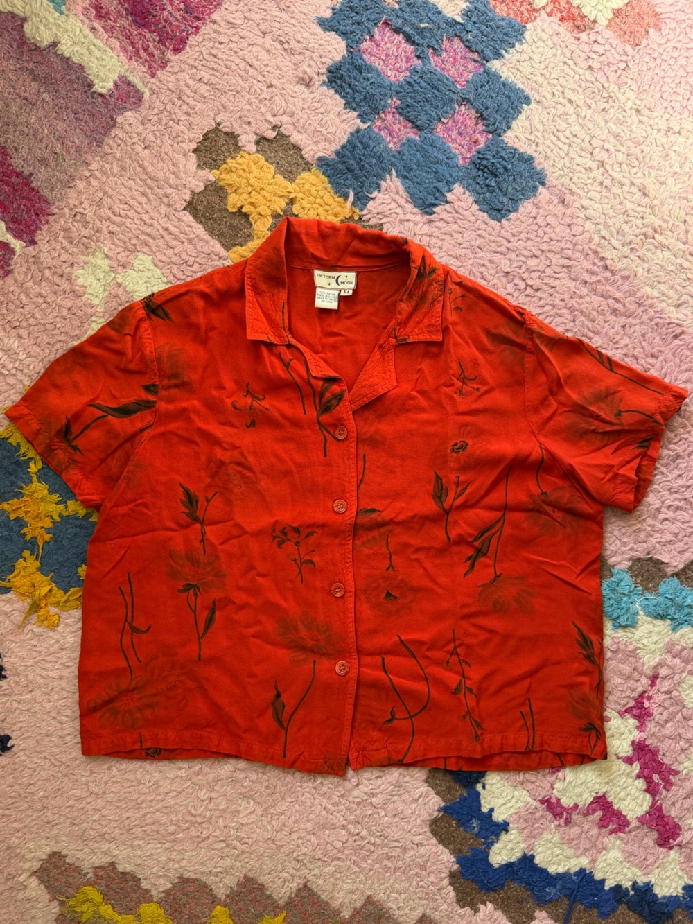 Vintage Red Floral Button-Up Top